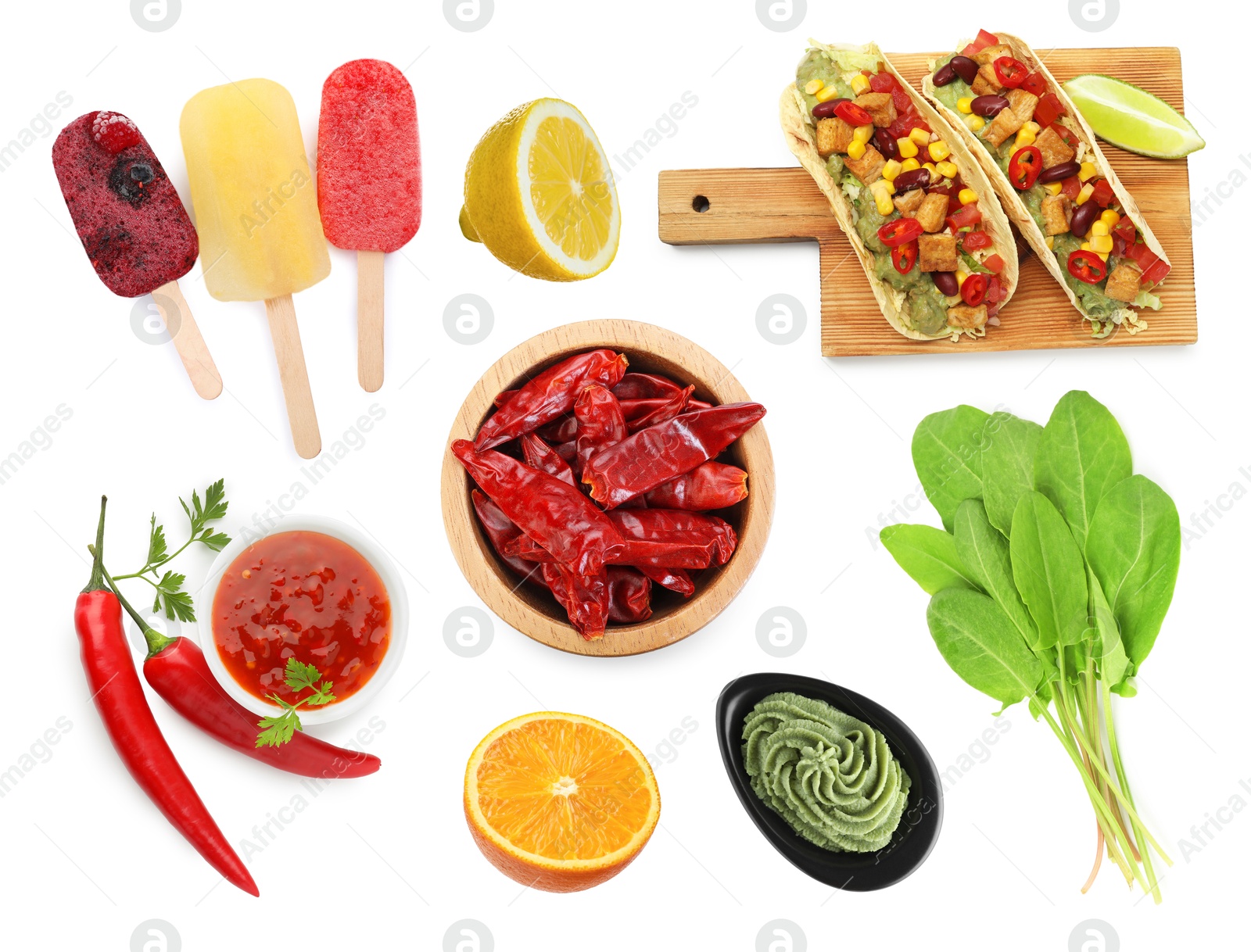 Image of Foods with sour or tangy taste isolated on white, set