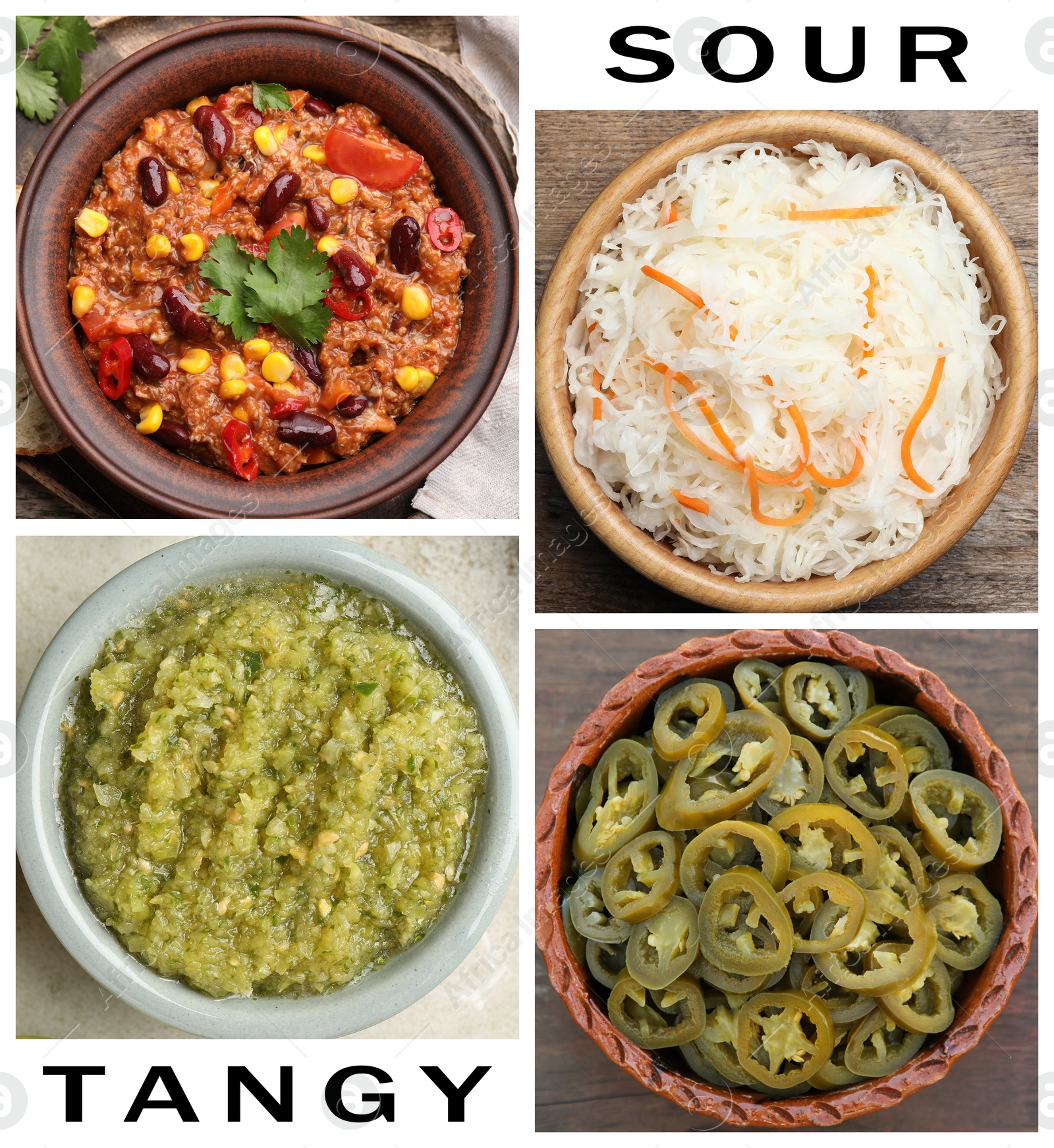 Foods with sour or tangy taste, collage. Top view Image of Foods with sour or tangy taste, collage. Top view