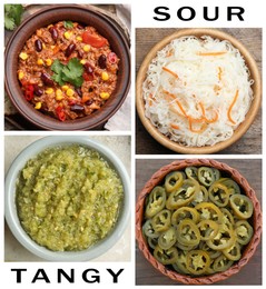 Image of Foods with sour or tangy taste, collage. Top view