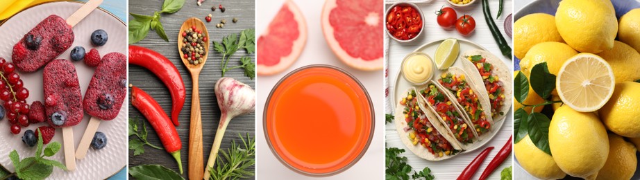 Image of Foods with sour or tangy taste, collage. Top view
