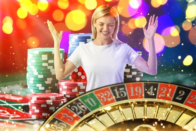 Image of Emotional gambler, multiple exposure with casino chips, dice and roulette