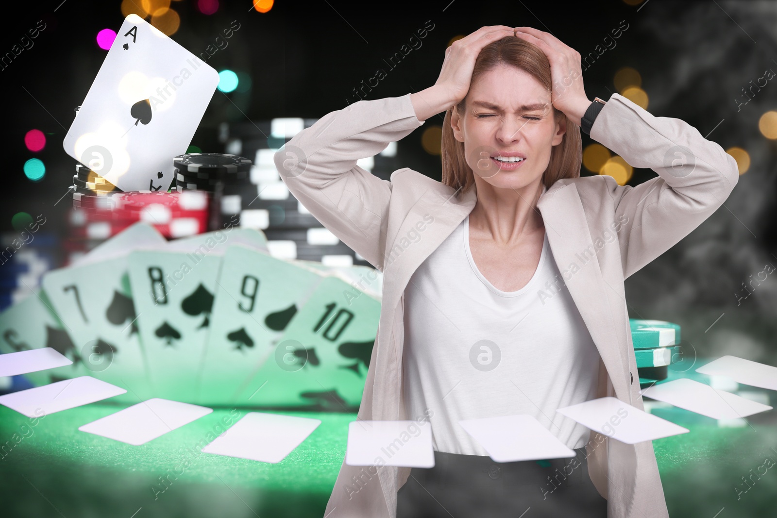 Emotional gambler, multiple exposure with casino chips and playing cards Image of Emotional gambler, multiple exposure with casino chips and playing cards