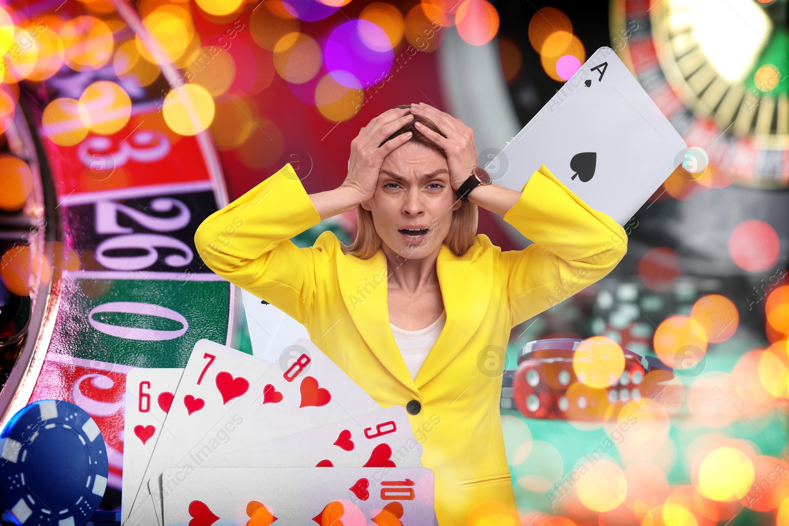 Emotional gambler, multiple exposure with casino chips, dice, playing cards and roulette Image of Emotional gambler, multiple exposure with casino chips, dice, playing cards and roulette