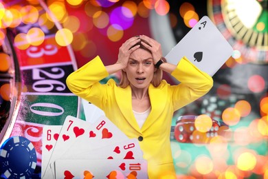 Image of Emotional gambler, multiple exposure with casino chips, dice, playing cards and roulette