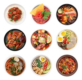 Image of Different dishes with savory taste isolated on white, set. Top view