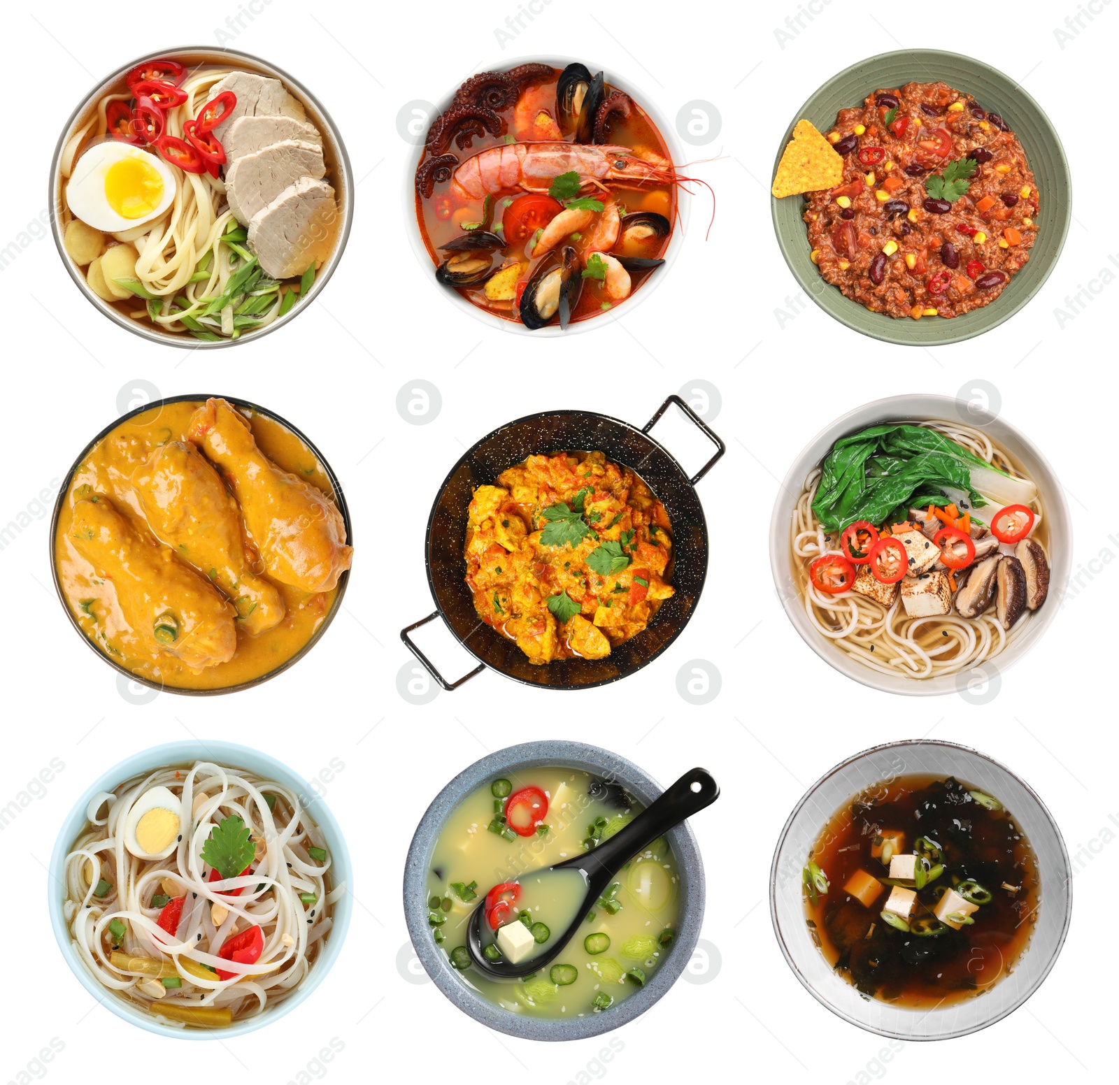 Different dishes with savory taste isolated on white, set. Top view Image of Different dishes with savory taste isolated on white, set. Top view