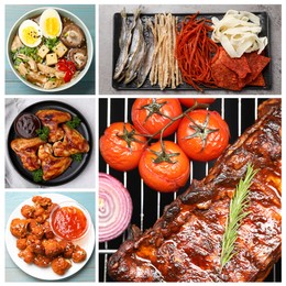Image of Collection of different dishes with savory taste, collage