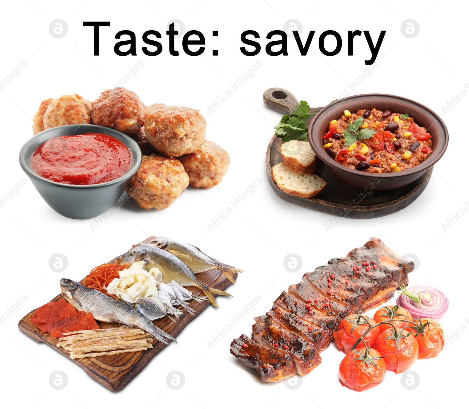 Image of Different dishes with savory taste isolated on white, set
