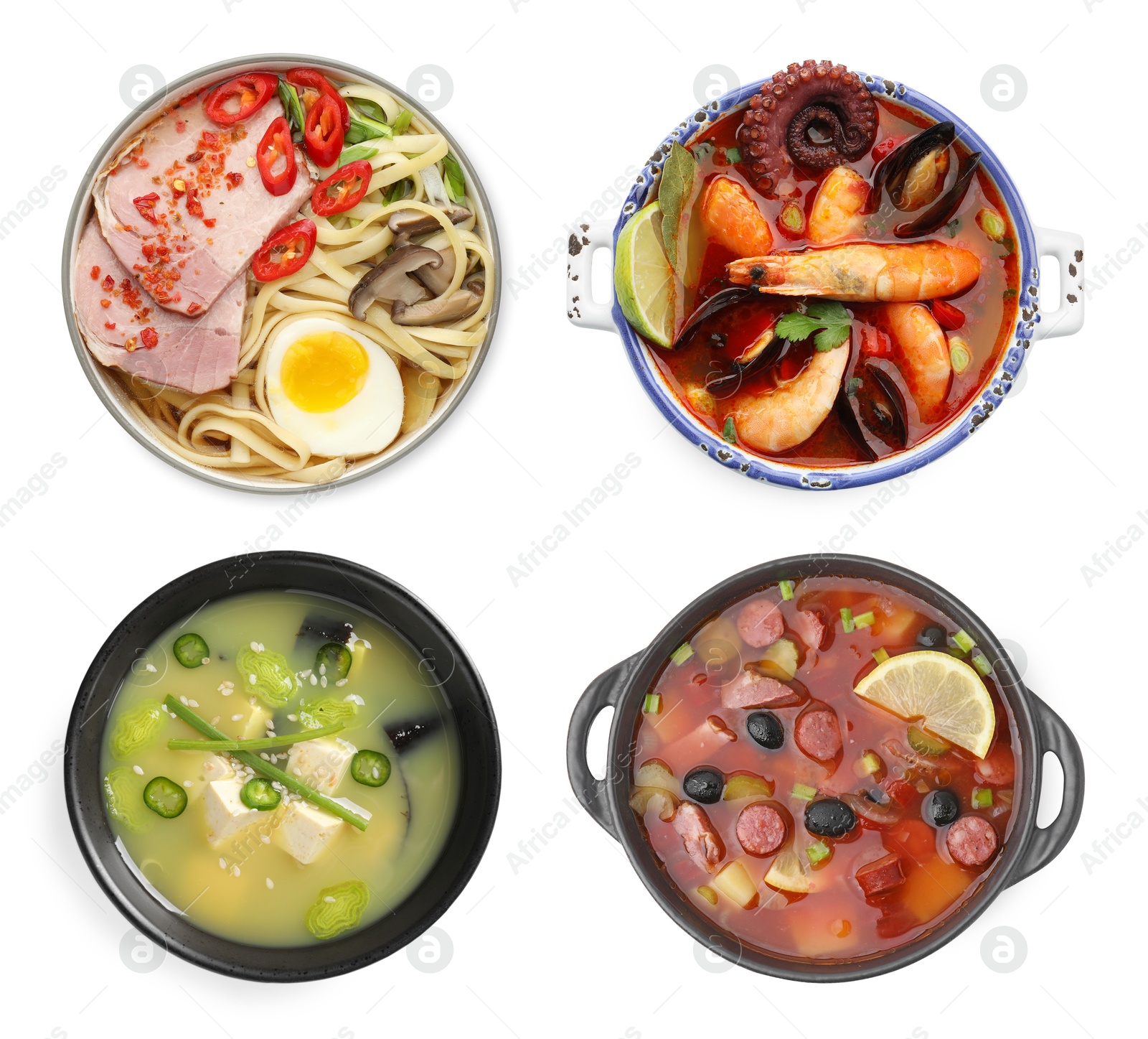 Image of Different dishes with savory taste isolated on white, set. Top view