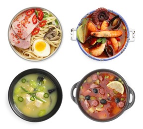 Image of Different dishes with savory taste isolated on white, set. Top view