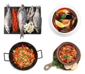 Image of Different dishes with savory taste isolated on white, set. Top view