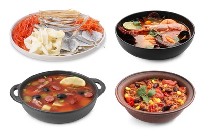 Image of Different dishes with savory taste isolated on white, set