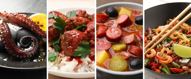 Image of Collection of different dishes with savory taste, collage