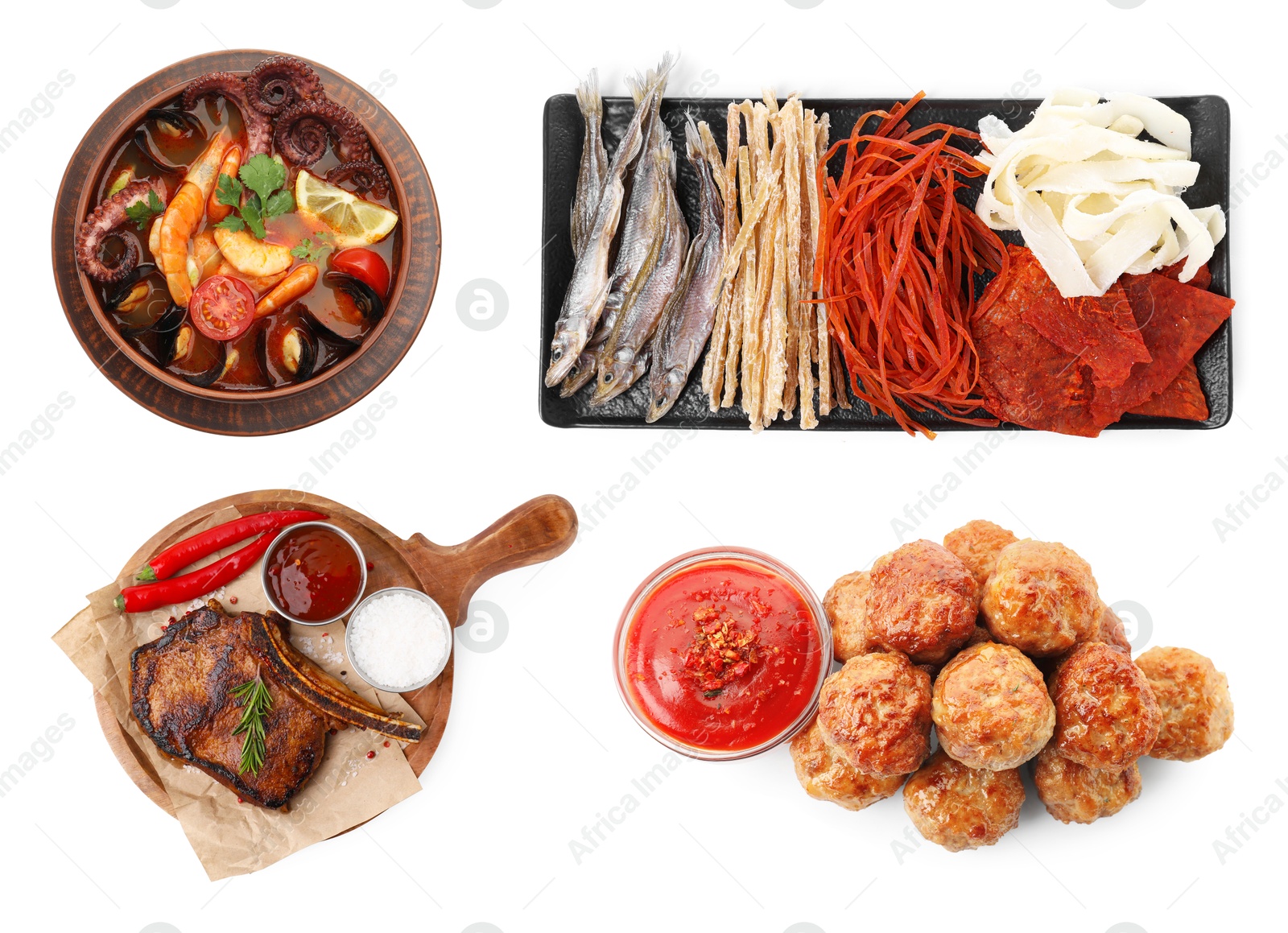 Image of Different dishes with savory taste isolated on white, set. Top view