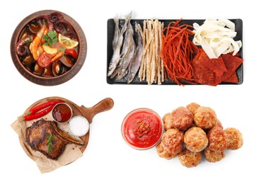 Image of Different dishes with savory taste isolated on white, set. Top view