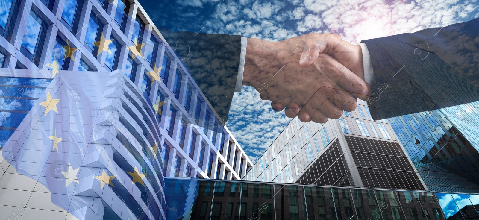 Business people shaking hands, multiple exposure with buildings and flag of European Union. Success in partnership, deal, agreement. Banner design Image of Business people shaking hands, multiple exposure with buildings and flag of European Union. Success in partnership, deal, agreement. Banner design