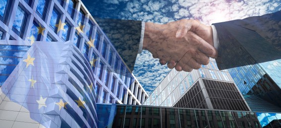 Image of Business people shaking hands, multiple exposure with buildings and flag of European Union. Success in partnership, deal, agreement. Banner design