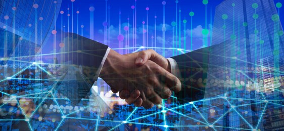 Image of Business people shaking hands, multiple exposure with cityscape and buildings. Success in partnership, deal, agreement. Banner design