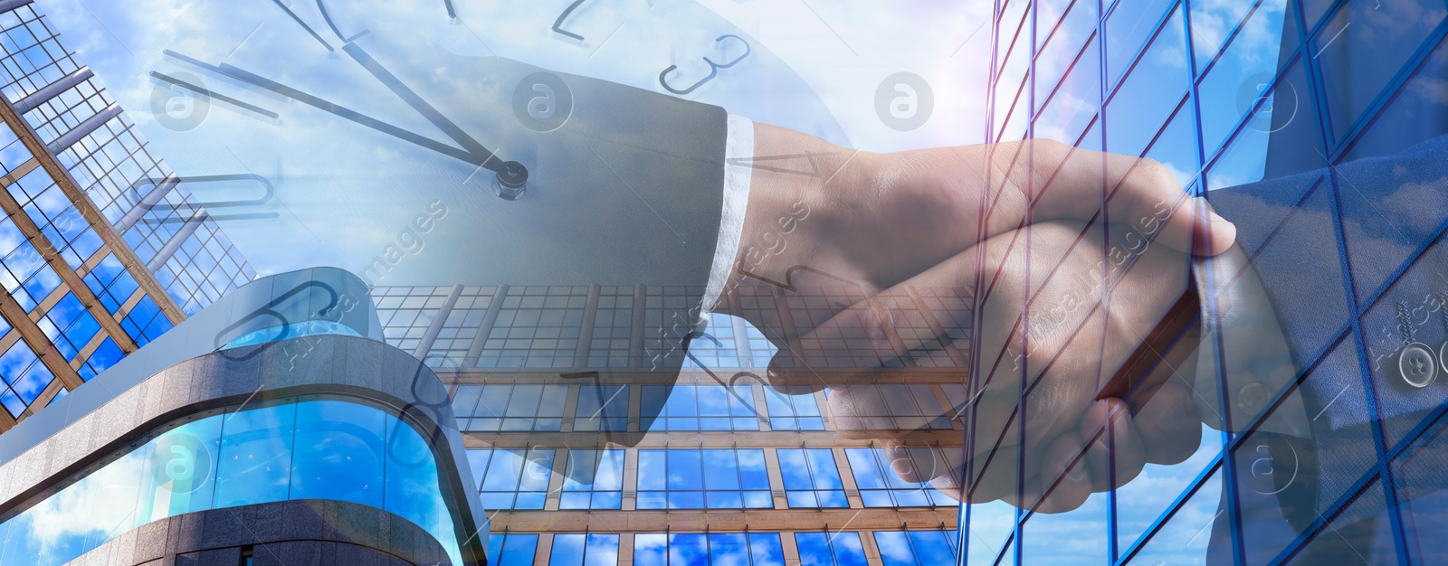 Success in partnership, deal, agreement. Business people shaking hands, multiple exposure with buildings and clock. Banner design Image of Success in partnership, deal, agreement. Business people shaking hands, multiple exposure with buildings and clock. Banner design