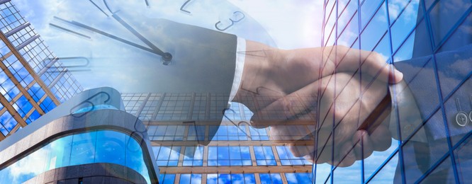 Image of Success in partnership, deal, agreement. Business people shaking hands, multiple exposure with buildings and clock. Banner design