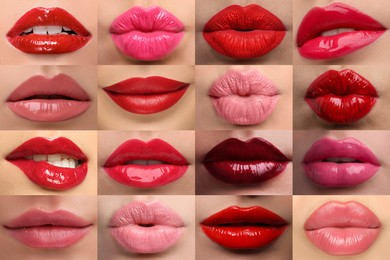 Image of Women's lips with lipsticks of different shades, collage