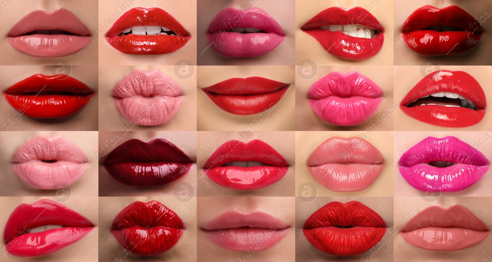 Women's lips with lipsticks of different shades, collage Image of Women's lips with lipsticks of different shades, collage