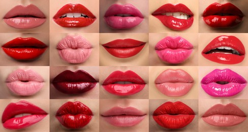 Image of Women's lips with lipsticks of different shades, collage