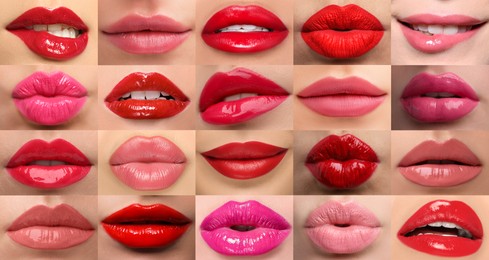 Image of Women's lips with lipsticks of different shades, collage