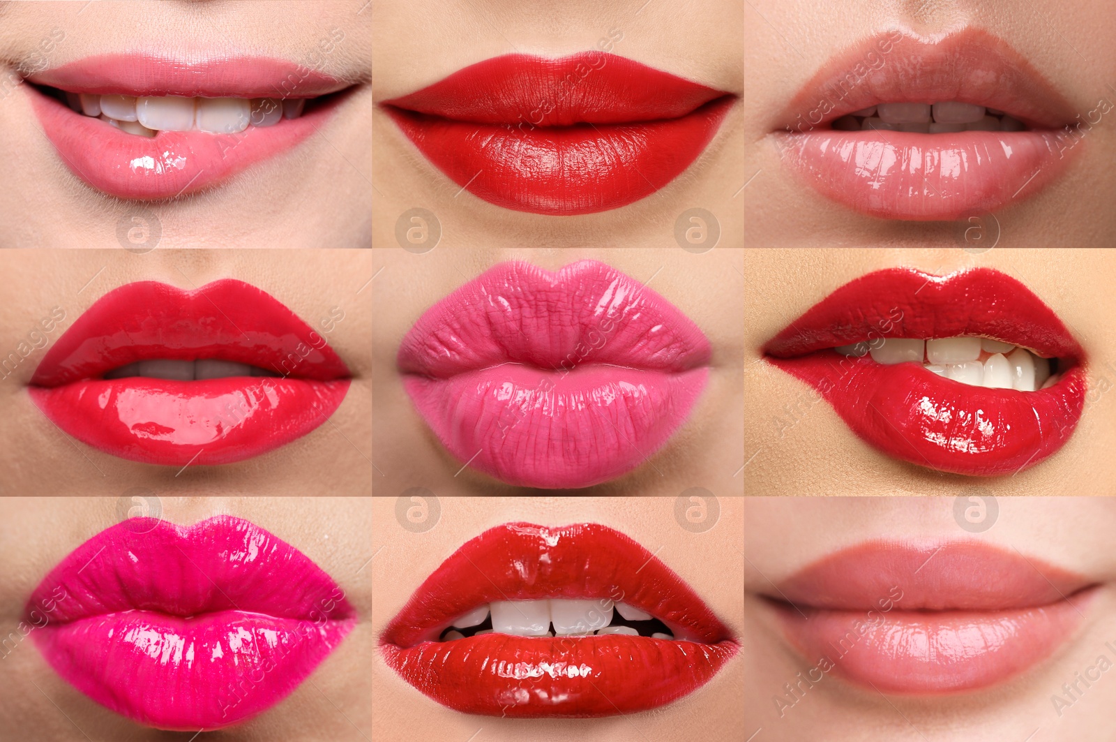Women's lips with lipsticks of different shades, collage Image of Women's lips with lipsticks of different shades, collage