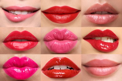 Image of Women's lips with lipsticks of different shades, collage
