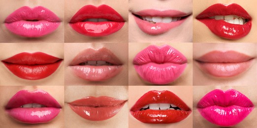 Image of Women's lips with lipsticks of different shades, collage