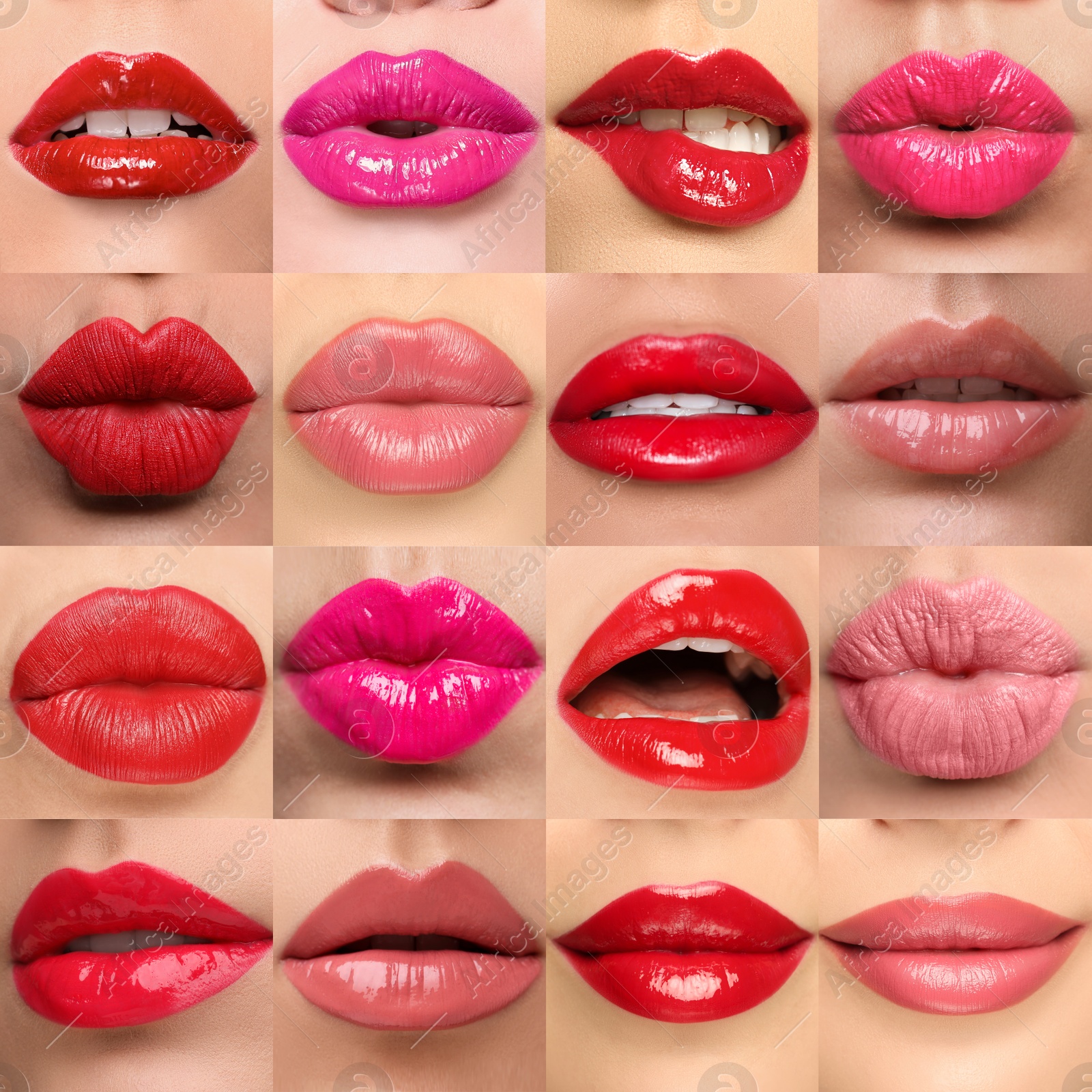 Women's lips with lipsticks of different shades, collage Image of Women's lips with lipsticks of different shades, collage