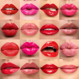 Image of Women's lips with lipsticks of different shades, collage