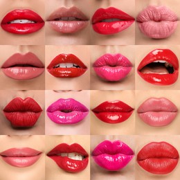 Image of Women's lips with lipsticks of different shades, collage