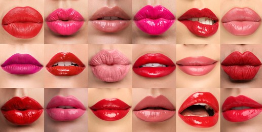 Image of Women's lips with lipsticks of different shades, collage