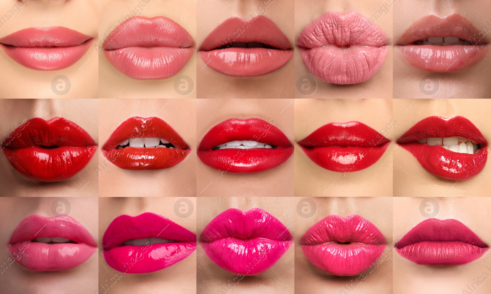 Image of Women's lips with lipsticks of different shades, collage