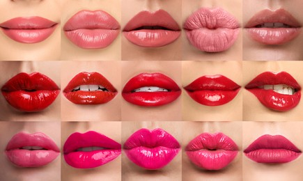 Image of Women's lips with lipsticks of different shades, collage