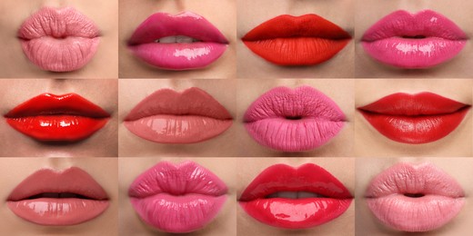Image of Women's lips with lipsticks of different shades, collage
