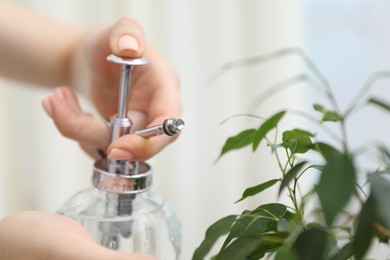 Photo of Young woman spraying beautiful houseplant with water from bottle indoors, closeup