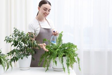 Photo of Young woman spraying beautiful houseplant with water from bottle at white table indoors, space for text
