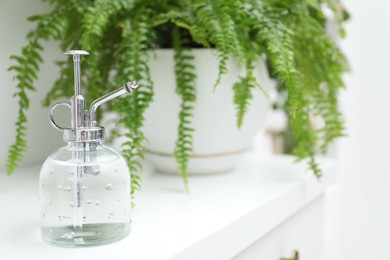 Photo of Spray bottle and houseplant on white table indoors, closeup. Space for text