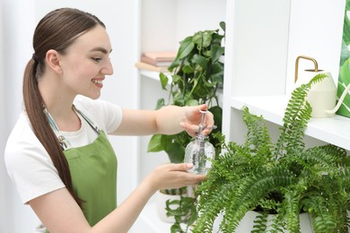 Photo of Young woman spraying beautiful houseplant with water from bottle indoors