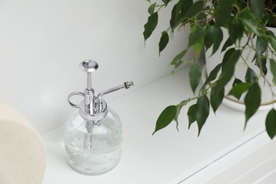Photo of Spray bottle and potted houseplant on white shelf