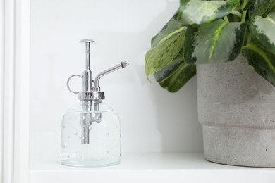 Photo of Spray bottle and potted houseplant on white shelf, closeup