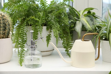 Photo of Spray bottle, watering can and different houseplants on white table