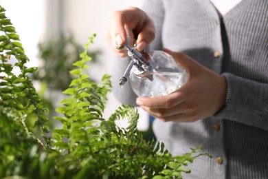 Photo of Young woman spraying beautiful houseplant with water from bottle indoors, closeup
