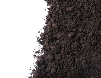 Photo of Fresh soil isolated on white, top view