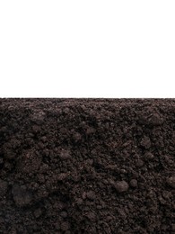 Photo of Fresh soil isolated on white, top view