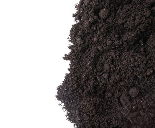 Photo of Fresh soil isolated on white, top view
