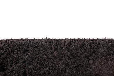 Photo of Fresh soil isolated on white, top view